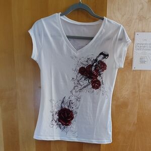 Women's Floral Graphic White V-Neck Tee Shirt